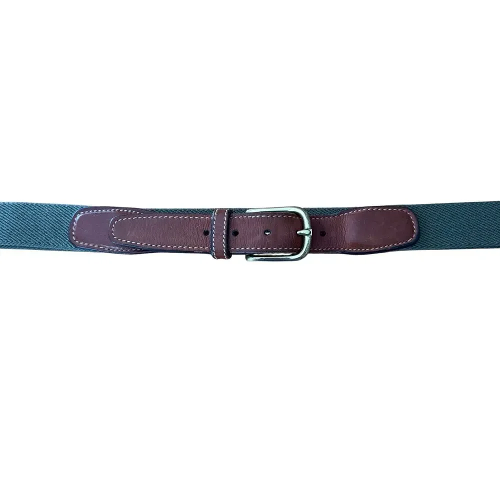 Lands End Green Canvas and Brown Leather Belt Mens Size 50 Gold Metal Buckle